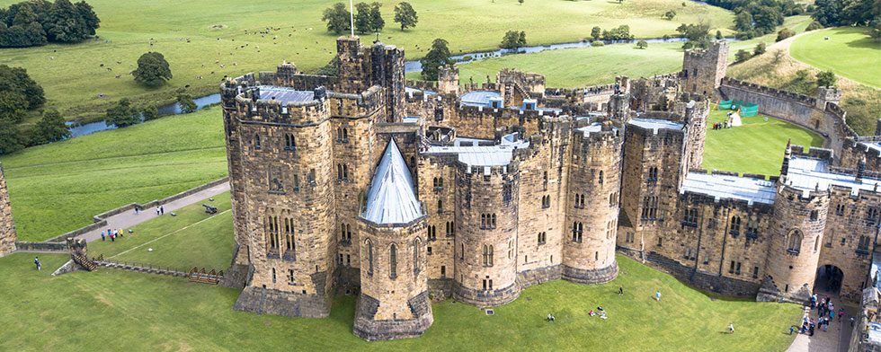 Aerial view of England's Alnwick Castle
