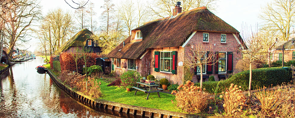Cottages along the canal in Giethoorn, Netherlands