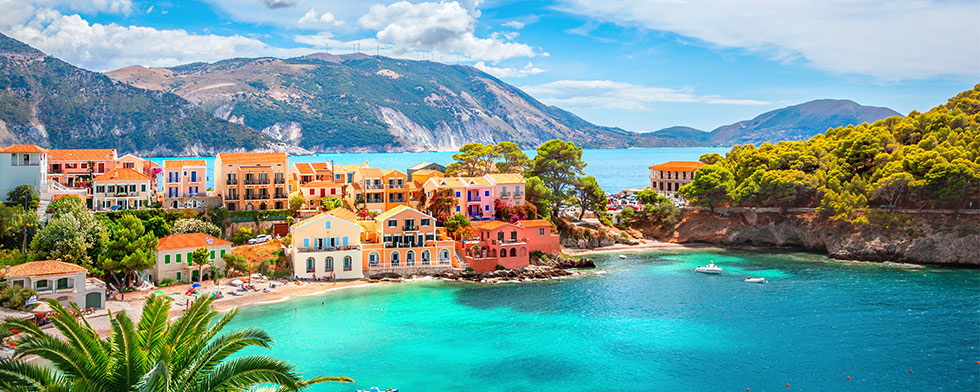 Mountains, turquoise waters, and houses of Kefalonia, Greece
