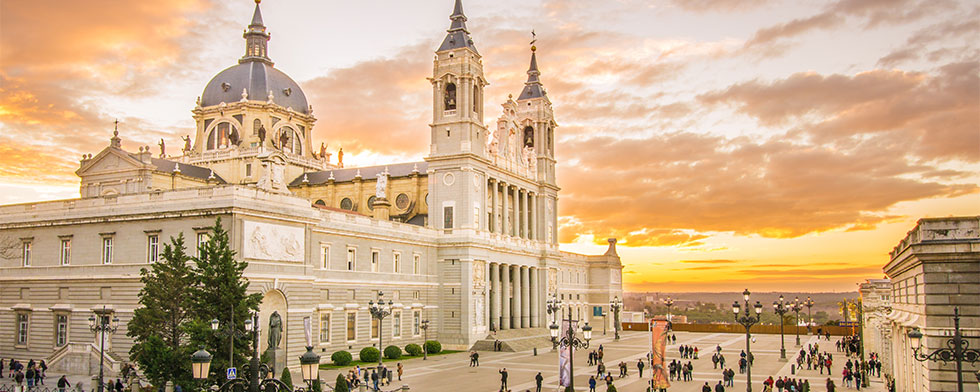 Madrid's Almudena Cathedral at sunset