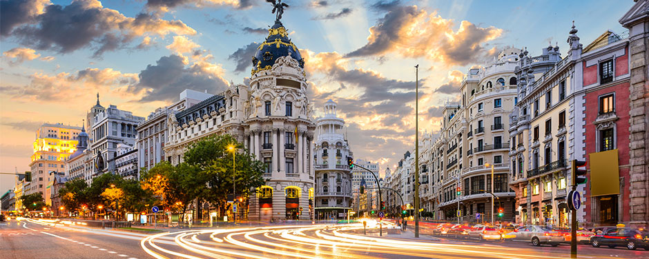 A Madrid intersection at sunset