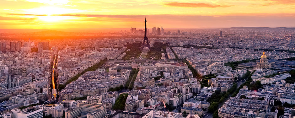 Panorama of Paris with Eiffel Tower at sunset