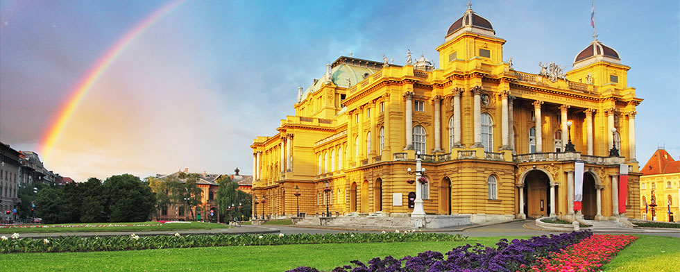 Rainbow arcing over Zagreb's National Museum